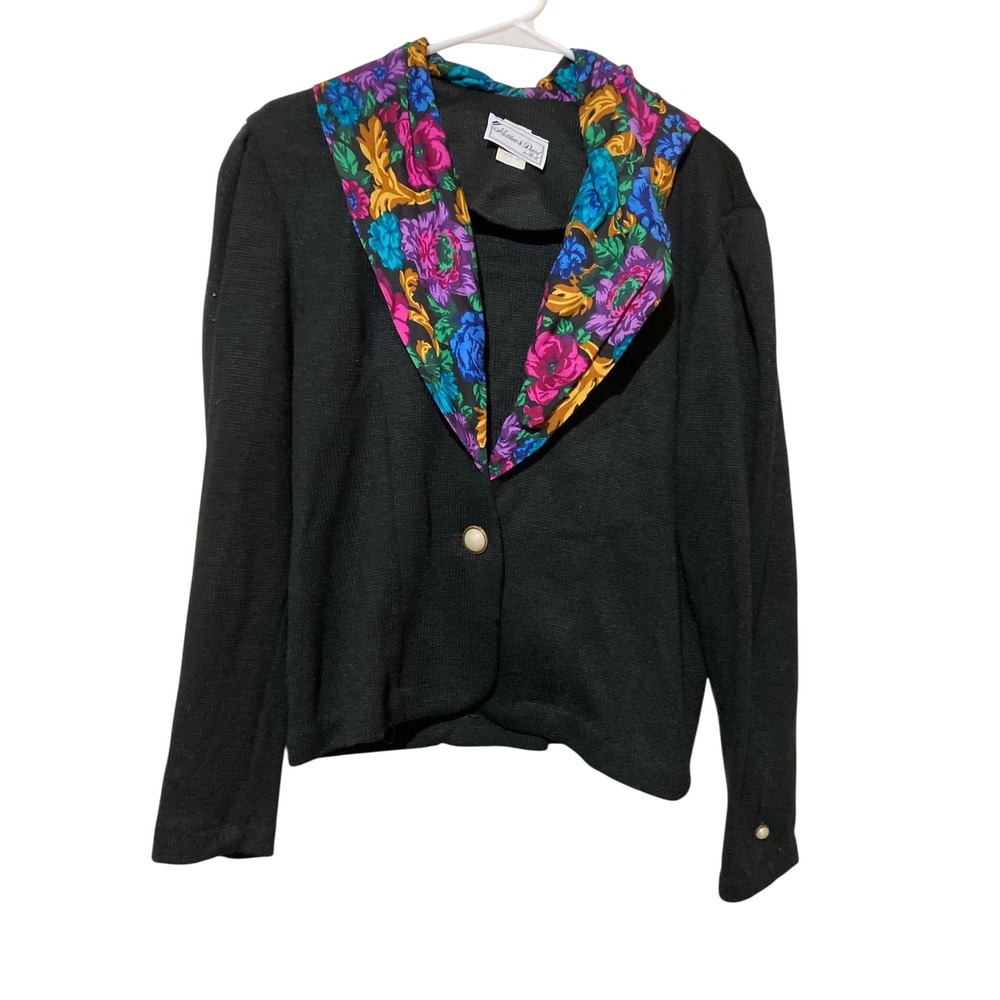 Matthew & David Vintage Black Knit Floral Shawl Collar Cardigan Jacket Size 18